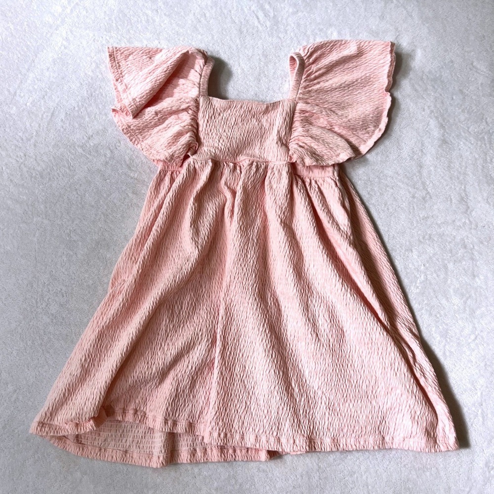 Tucker + Tate Flutter Sleeve Dress Pink Seersucker Smocked Pockets Size 5